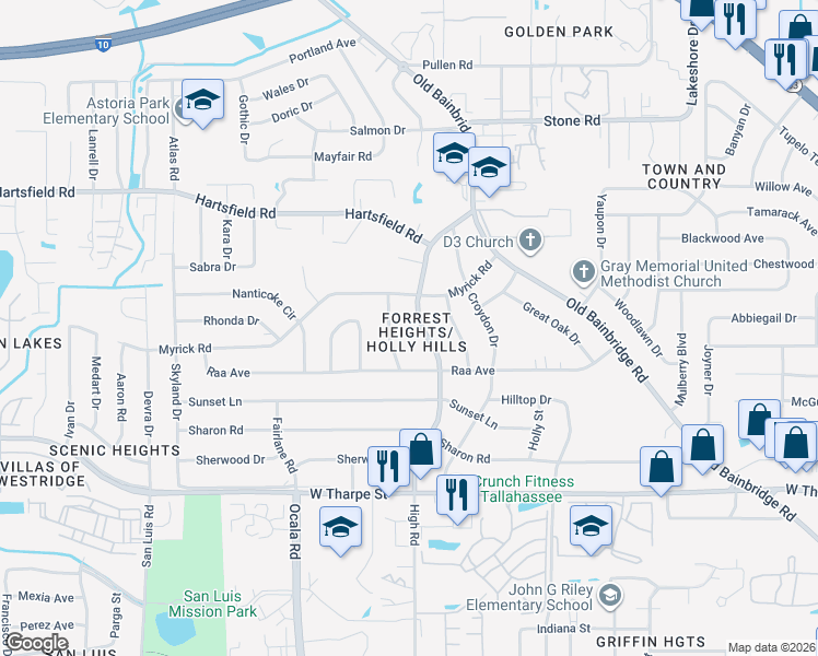 map of restaurants, bars, coffee shops, grocery stores, and more near 2114 High Road in Tallahassee