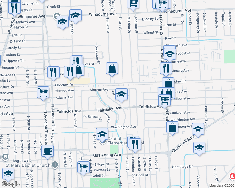 map of restaurants, bars, coffee shops, grocery stores, and more near 4414 Monroe Avenue in Baton Rouge
