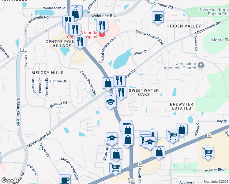 map of restaurants, bars, coffee shops, grocery stores, and more near 2797 Miccosukee Road in Tallahassee