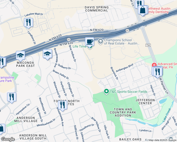 map of restaurants, bars, coffee shops, grocery stores, and more near 9401 Amberglen Boulevard in Austin