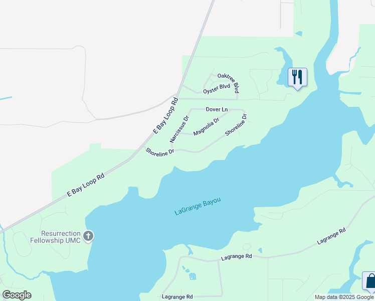 map of restaurants, bars, coffee shops, grocery stores, and more near Shoreline Drive in Freeport