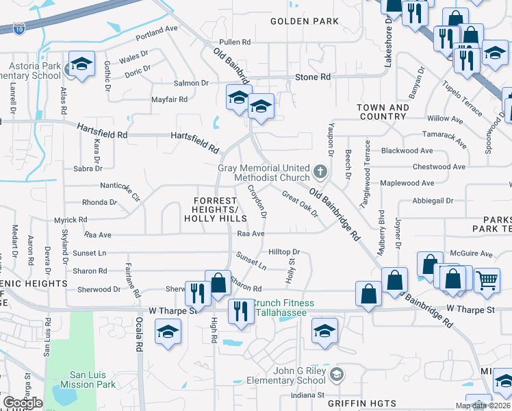 map of restaurants, bars, coffee shops, grocery stores, and more near 2111 Croydon Dr in Tallahassee