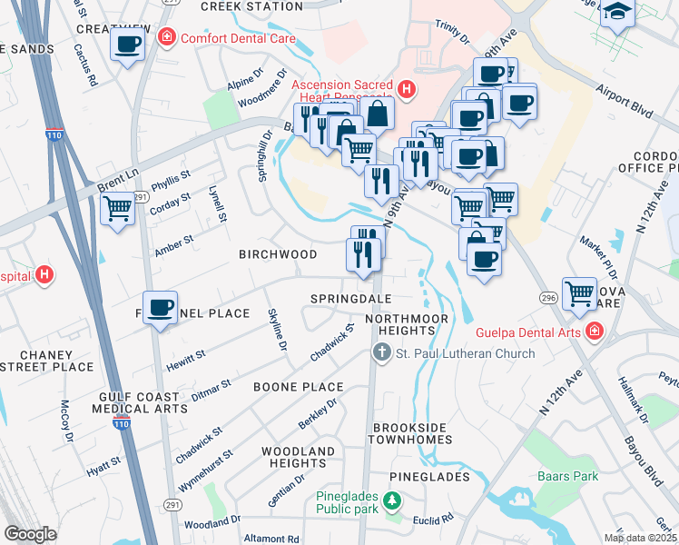 map of restaurants, bars, coffee shops, grocery stores, and more near 4805 North 9th Avenue in Pensacola