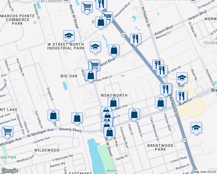 map of restaurants, bars, coffee shops, grocery stores, and more near 1201 Concordia Boulevard in Pensacola