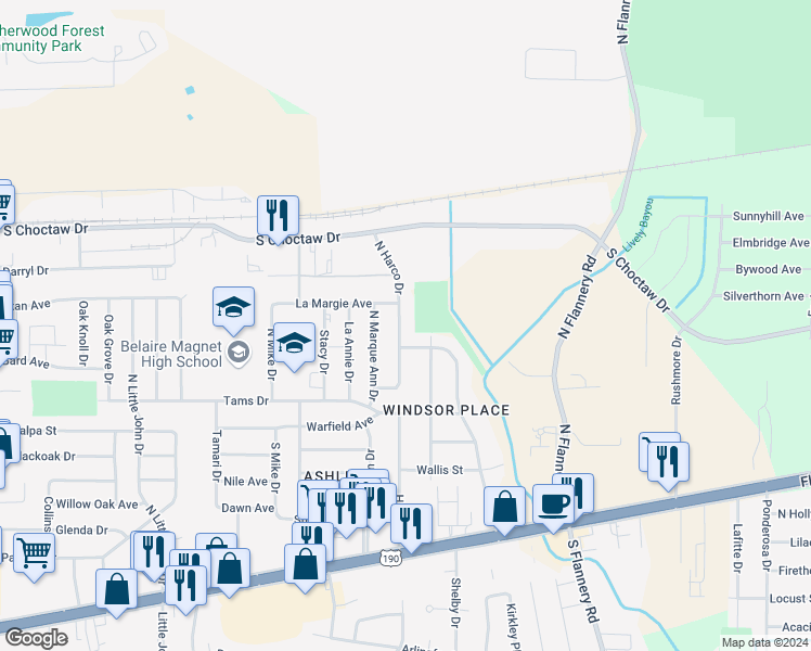 map of restaurants, bars, coffee shops, grocery stores, and more near 1816 Harco Drive in Baton Rouge