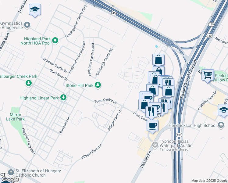 map of restaurants, bars, coffee shops, grocery stores, and more near 1316 Town Center Drive in Pflugerville