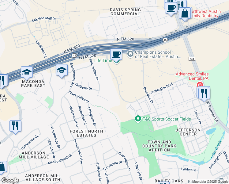 map of restaurants, bars, coffee shops, grocery stores, and more near 9401 Amberglen Boulevard in Austin