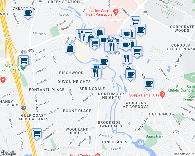 map of restaurants, bars, coffee shops, grocery stores, and more near 4801 North 9th Avenue in Pensacola