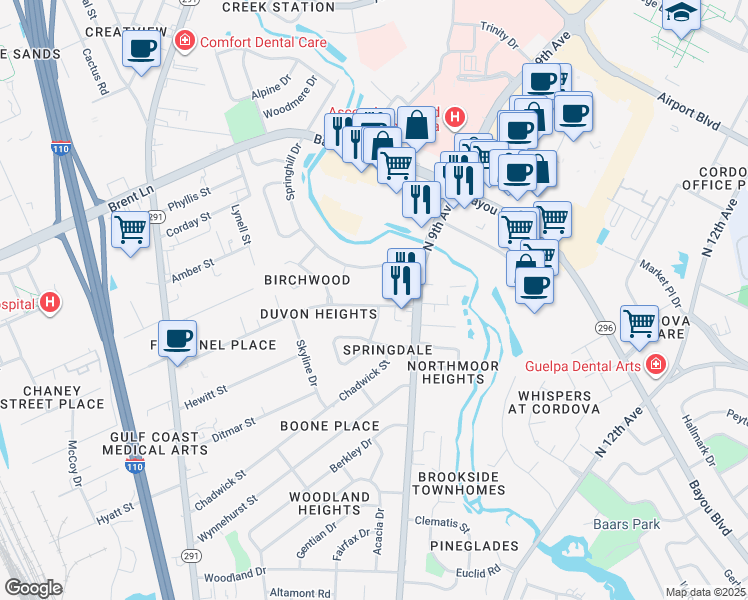 map of restaurants, bars, coffee shops, grocery stores, and more near 4805 North 9th Avenue in Pensacola