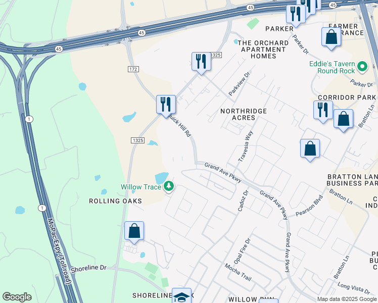 map of restaurants, bars, coffee shops, grocery stores, and more near 15 Quick Hill Road in Austin