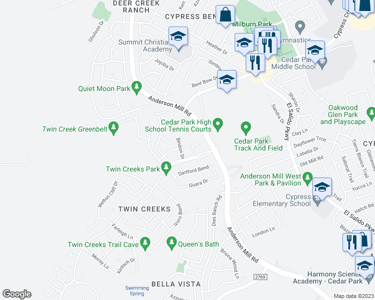 map of restaurants, bars, coffee shops, grocery stores, and more near 2414 Powderham Lane in Cedar Park