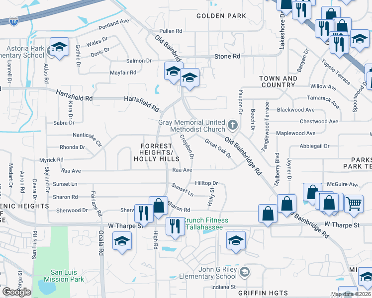 map of restaurants, bars, coffee shops, grocery stores, and more near 2111 Croydon Dr in Tallahassee