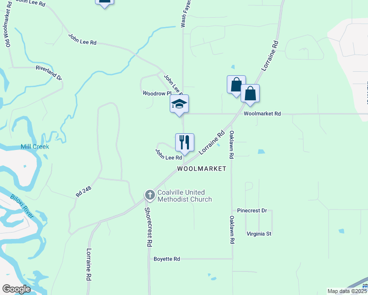 map of restaurants, bars, coffee shops, grocery stores, and more near 12513 John Lee Road in Biloxi