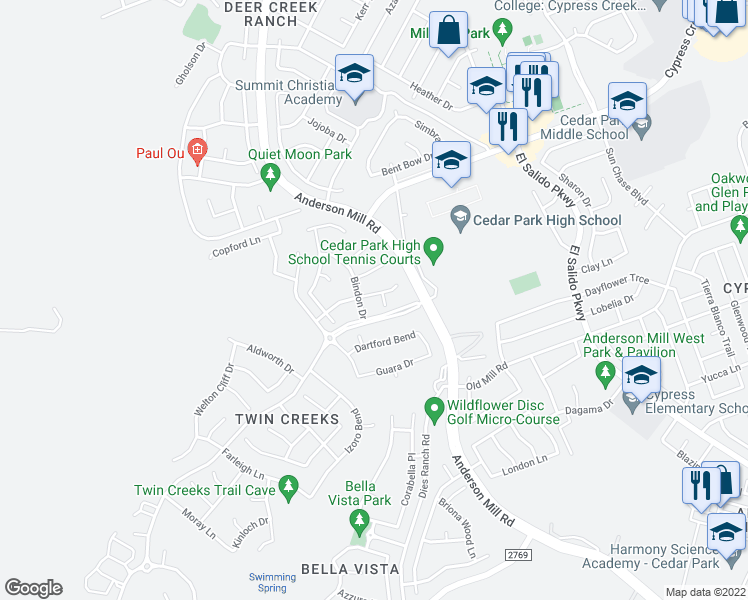 map of restaurants, bars, coffee shops, grocery stores, and more near 2414 Powderham Lane in Cedar Park