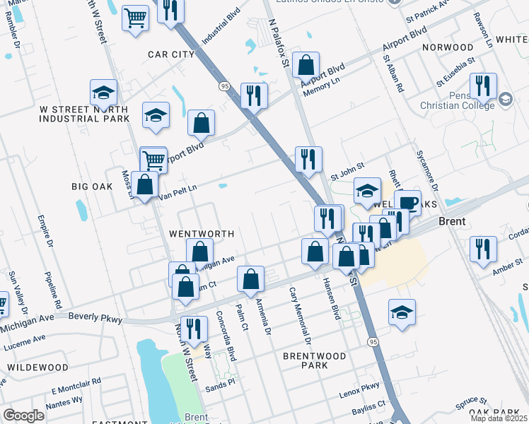 map of restaurants, bars, coffee shops, grocery stores, and more near 1027 Cary Memorial Drive in Pensacola