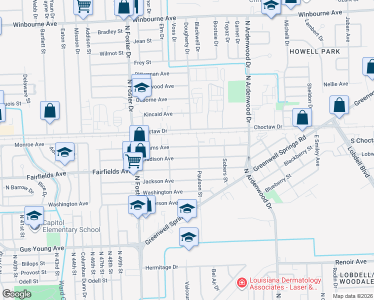 map of restaurants, bars, coffee shops, grocery stores, and more near 5394 Adams Avenue in Baton Rouge