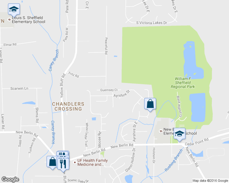 map of restaurants, bars, coffee shops, grocery stores, and more near 3444 Guernsey Court in Jacksonville