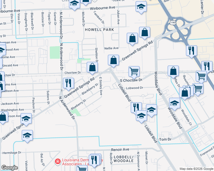 map of restaurants, bars, coffee shops, grocery stores, and more near 2392 East Smiley Avenue in Baton Rouge