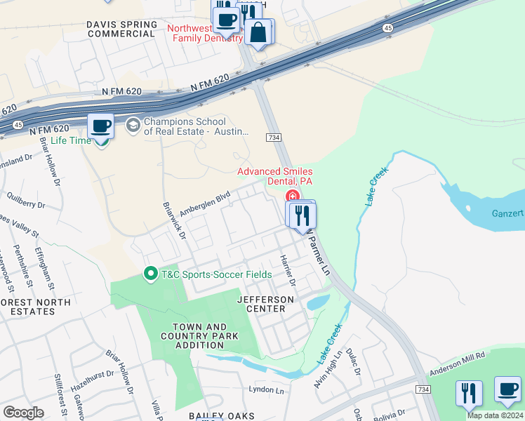 map of restaurants, bars, coffee shops, grocery stores, and more near Camden Amber Oaks II in Austin