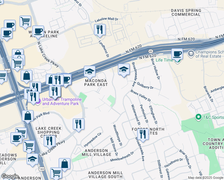 map of restaurants, bars, coffee shops, grocery stores, and more near 13420 Lyndhurst Street in Austin