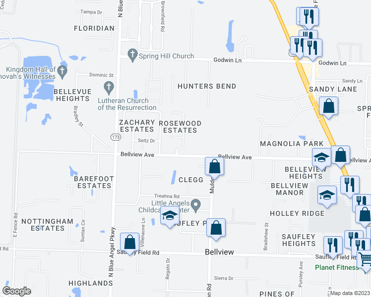 map of restaurants, bars, coffee shops, grocery stores, and more near 6012 Yellow Rose Drive in Pensacola