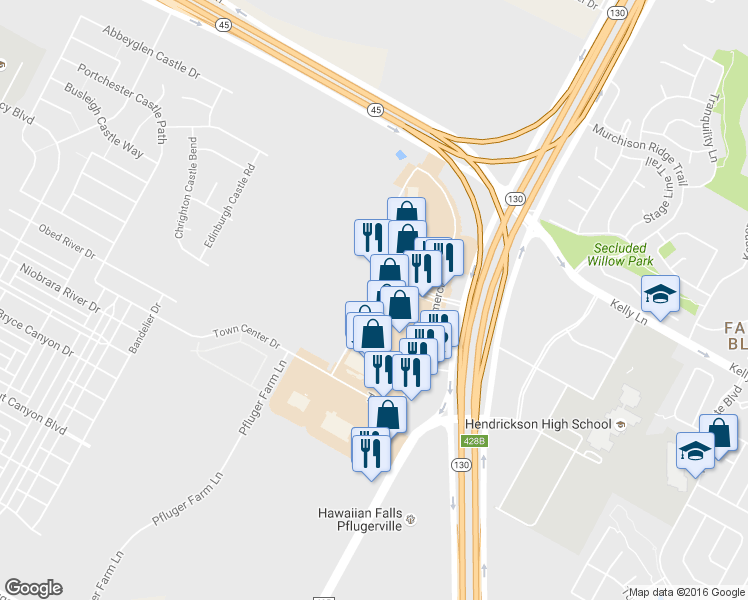 map of restaurants, bars, coffee shops, grocery stores, and more near Hill Top Commercial Drive in Pflugerville
