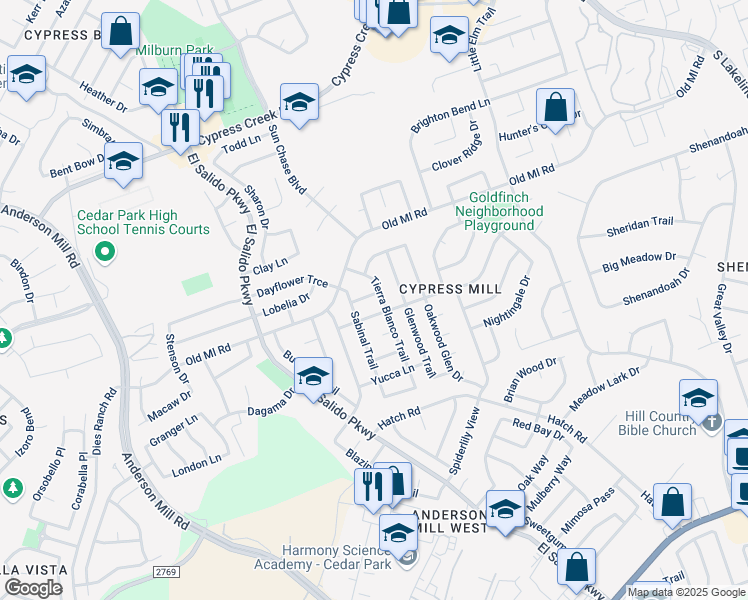 map of restaurants, bars, coffee shops, grocery stores, and more near 1702 Palmetto Drive in Cedar Park