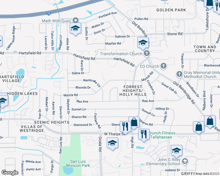 map of restaurants, bars, coffee shops, grocery stores, and more near 1910 West Nelson Circle in Tallahassee