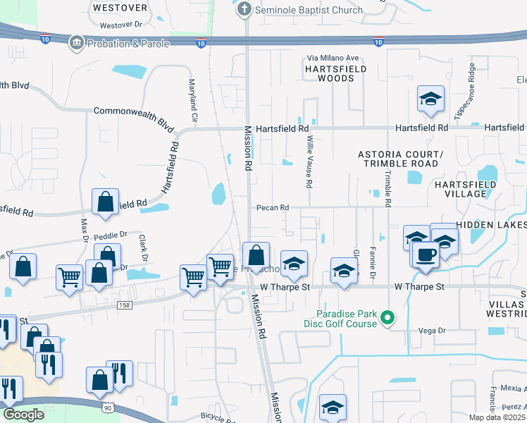 map of restaurants, bars, coffee shops, grocery stores, and more near 2769 Pecan Road in Tallahassee