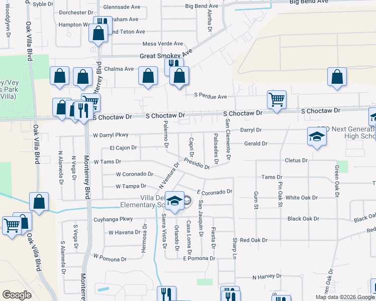 map of restaurants, bars, coffee shops, grocery stores, and more near 2170 Capri Drive in Baton Rouge