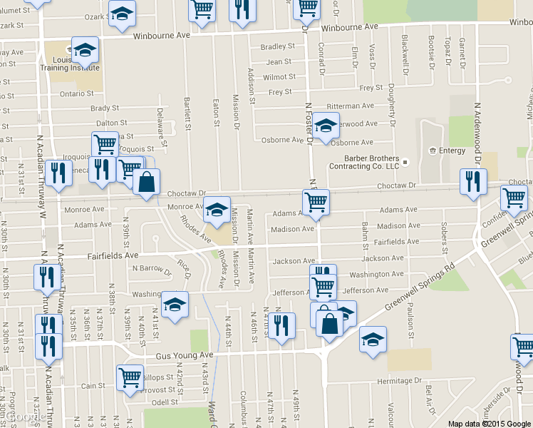 map of restaurants, bars, coffee shops, grocery stores, and more near 4601 Adams Ave in Baton Rouge