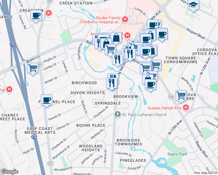 map of restaurants, bars, coffee shops, grocery stores, and more near 4801 North 9th Avenue in Pensacola