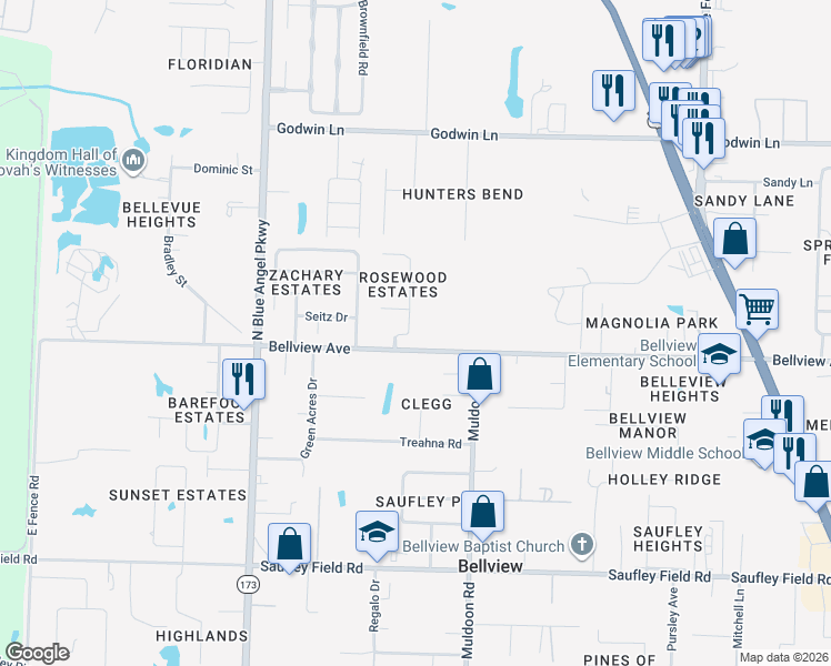 map of restaurants, bars, coffee shops, grocery stores, and more near 6012 Yellow Rose Drive in Pensacola