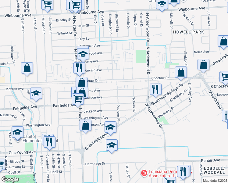 map of restaurants, bars, coffee shops, grocery stores, and more near 5394 Adams Avenue in Baton Rouge