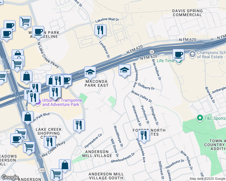 map of restaurants, bars, coffee shops, grocery stores, and more near 13420 Lyndhurst Street in Austin
