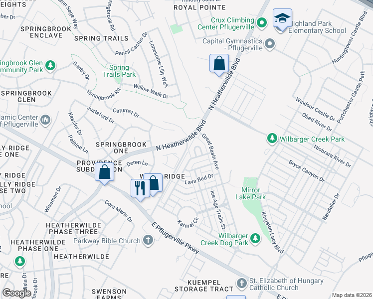 map of restaurants, bars, coffee shops, grocery stores, and more near 18008 Wilke Ridge Lane in Pflugerville