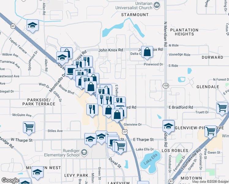 map of restaurants, bars, coffee shops, grocery stores, and more near 2119 Charter Oak Drive in Tallahassee