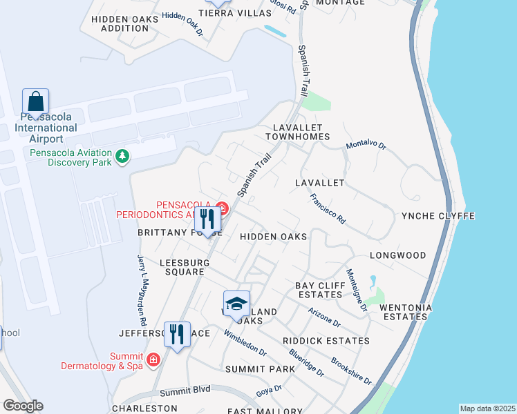 map of restaurants, bars, coffee shops, grocery stores, and more near 4470 Spanish Trail in Pensacola