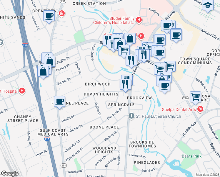 map of restaurants, bars, coffee shops, grocery stores, and more near 4802 Birchwood Place in Pensacola