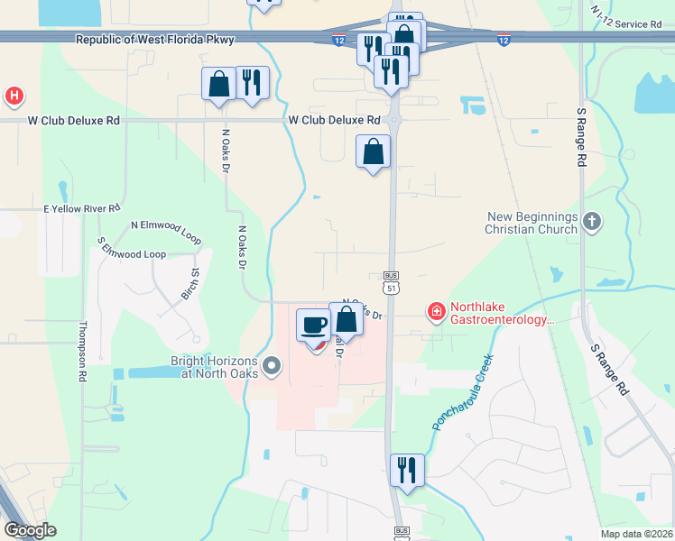 map of restaurants, bars, coffee shops, grocery stores, and more near 42158 Bailey Drive in Hammond