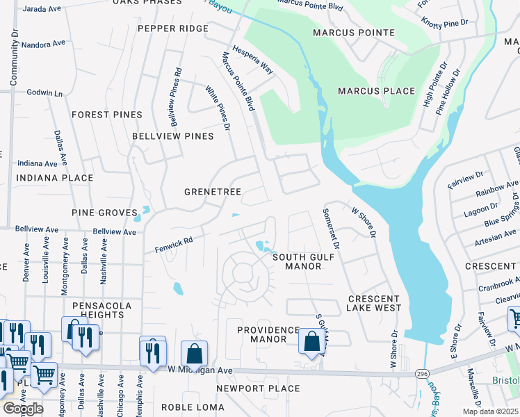 map of restaurants, bars, coffee shops, grocery stores, and more near 2348 Greenwell Court in Pensacola