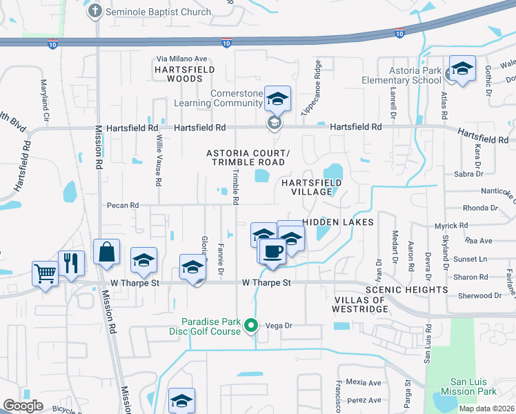 map of restaurants, bars, coffee shops, grocery stores, and more near 2529 Pecan Road in Tallahassee