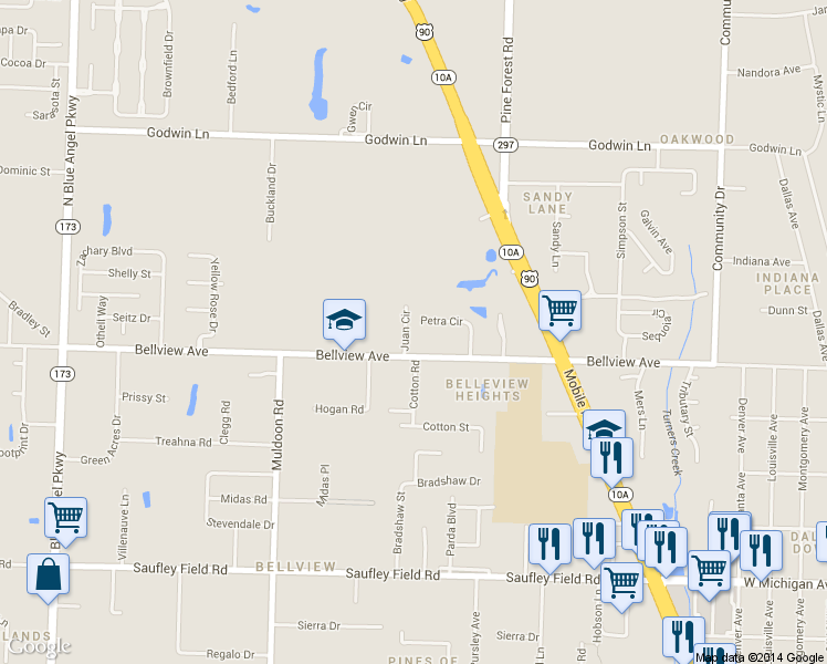 map of restaurants, bars, coffee shops, grocery stores, and more near 4687 Petra Circle in Pensacola