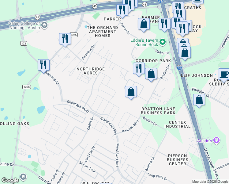 map of restaurants, bars, coffee shops, grocery stores, and more near 3701 Dover Ferry Crossing in Austin
