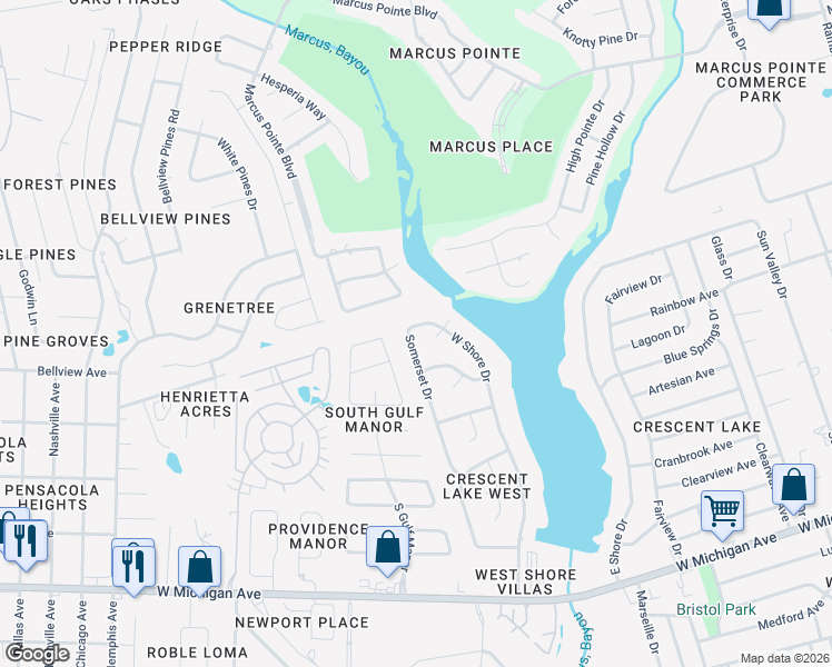map of restaurants, bars, coffee shops, grocery stores, and more near 6043 West Shore Drive in Pensacola