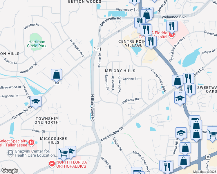 map of restaurants, bars, coffee shops, grocery stores, and more near 1927 Lawson Road in Tallahassee