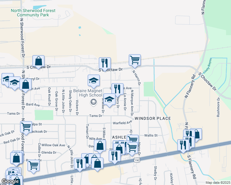 map of restaurants, bars, coffee shops, grocery stores, and more near 2 Stacy Drive in Baton Rouge