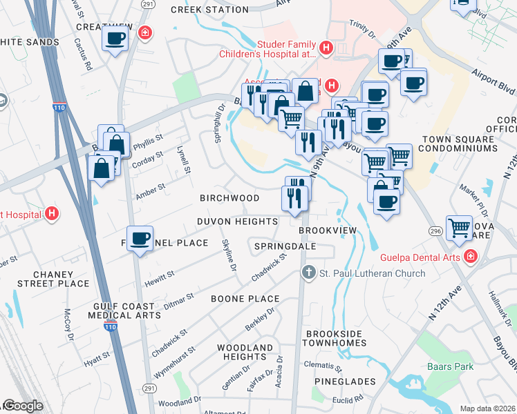 map of restaurants, bars, coffee shops, grocery stores, and more near 4802 Birchwood Place in Pensacola
