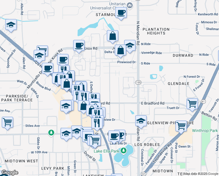map of restaurants, bars, coffee shops, grocery stores, and more near Dellwood Drive in Tallahassee