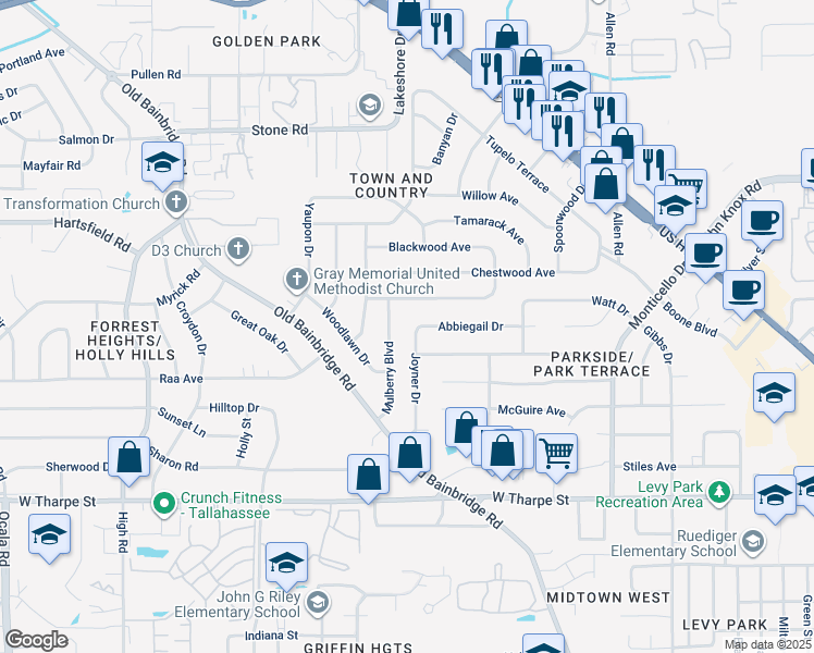 map of restaurants, bars, coffee shops, grocery stores, and more near 2214 Joyner Drive in Tallahassee
